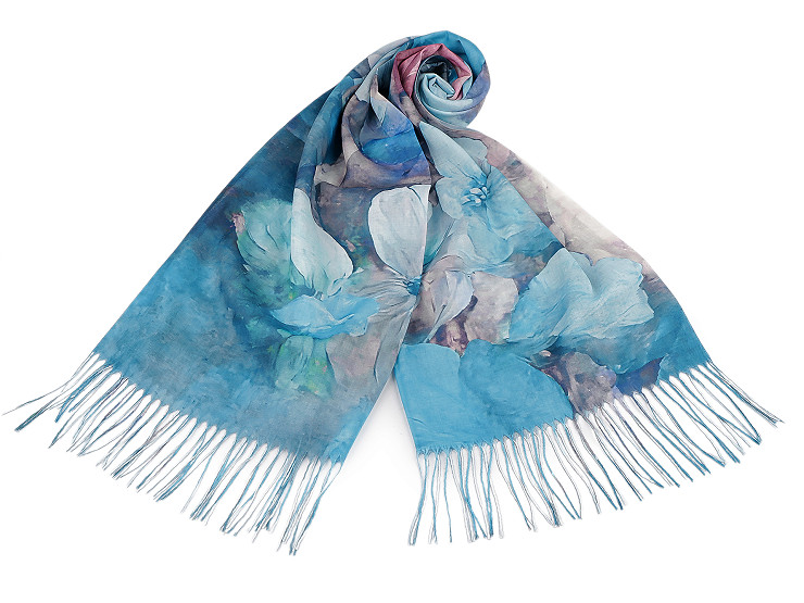  Sciarpa / scialle per il periodo estivo, con frange, motivo: floreale, dimensioni: 70 x 180 cm