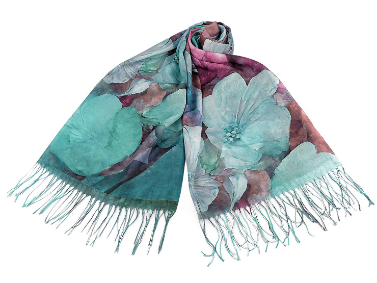  Sciarpa / scialle per il periodo estivo, con frange, motivo: floreale, dimensioni: 70 x 180 cm