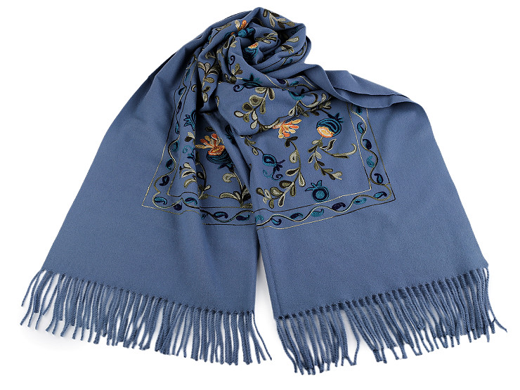 Grande scialle caldo/plaid ricamato, con frange, tipo cashmere, dimensioni: 70 x 180 cm