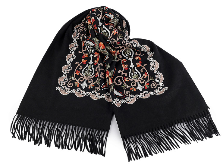 Chal amplio y cálido de cachemira con flecos y bordado 70 x 180 cm