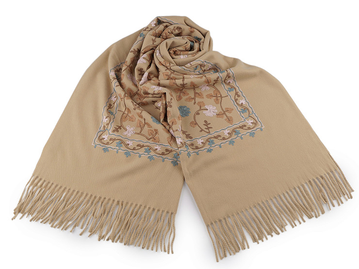 Eșarfă mare și călduroasă / șal brodat cu franjuri, tip cașmir 68x165 cm