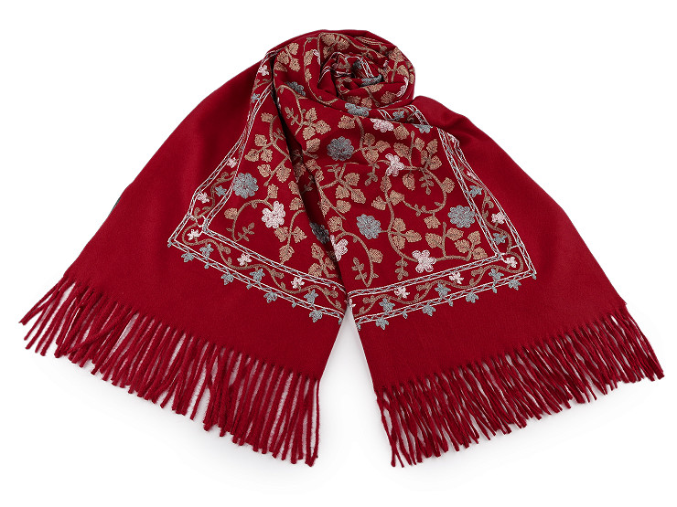 Eșarfă mare și călduroasă / șal brodat cu franjuri, tip cașmir 68x165 cm