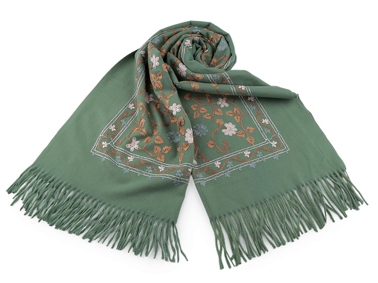 Eșarfă mare și călduroasă / șal brodat cu franjuri, tip cașmir 68x165 cm