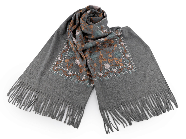 Eșarfă mare și călduroasă / șal brodat cu franjuri, tip cașmir 68x165 cm