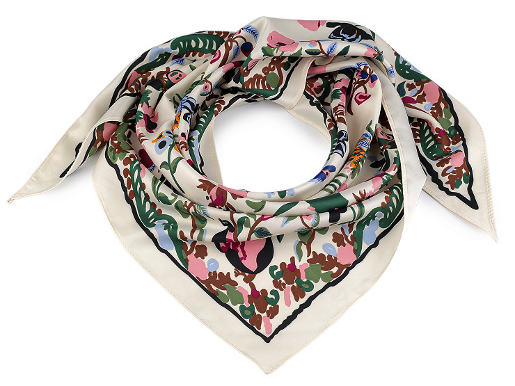 Saténový šátek trojúhelníkový s květy 65x135 cm