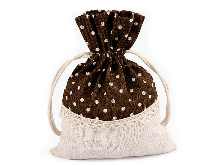 Linen Gift Bag with Polka Dots and Lace 13x18 cm