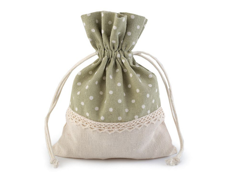 Linen Gift Bag with Polka Dots and Lace 13x18 cm