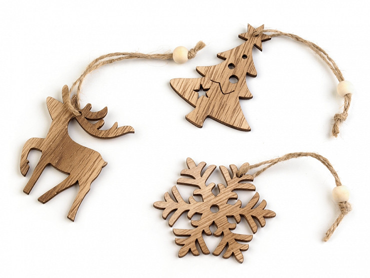 Drewniane dekoracje śnieżynka, choinka, jeleń, gwiazda