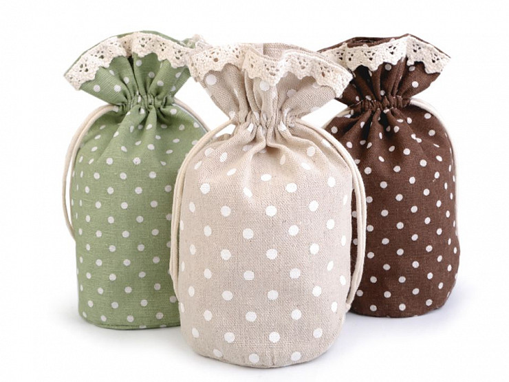 Linen / Flax Gift Pouch Bag with Lace and Polka Dots 13.5x18.5 cm