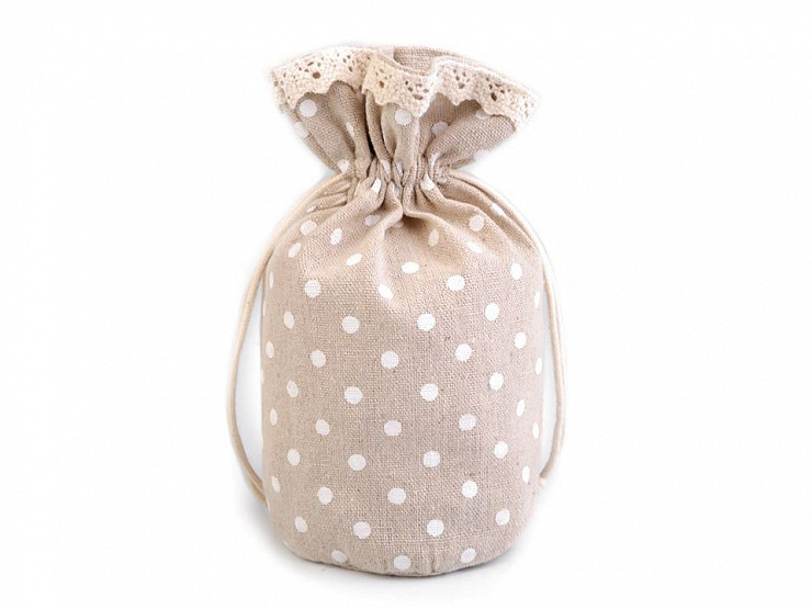Linen Gift Pouch Bag with Lace and Polka Dots 13.5x18.5 cm