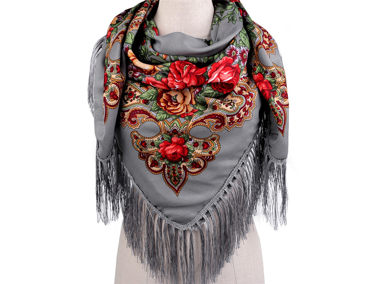 Foulard de style folk avec franges, 105 x 105 cm