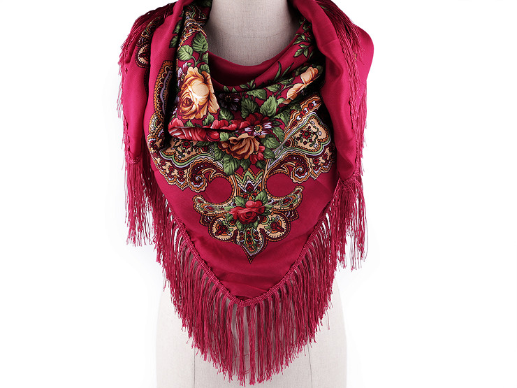 Foulard de style folk avec franges, 105 x 105 cm