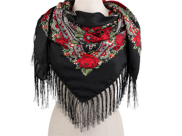 Batic / Eşarfă satinată cu motiv floral, 105x105 cm