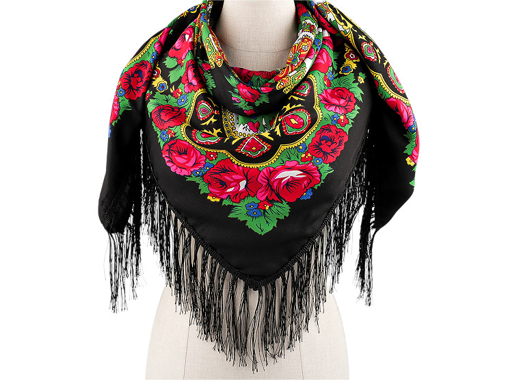 Halstuch Folklore Blumen mit Fransen 105x105 cm