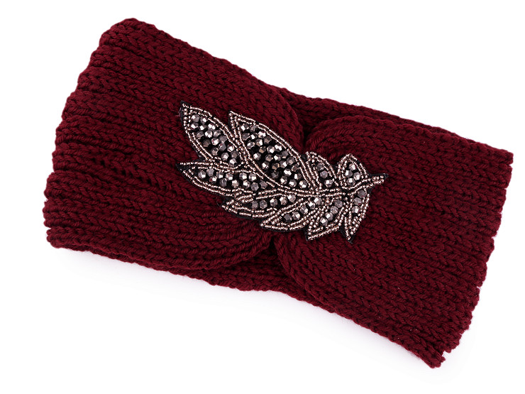 Women's winter headband with beaded applique leaf