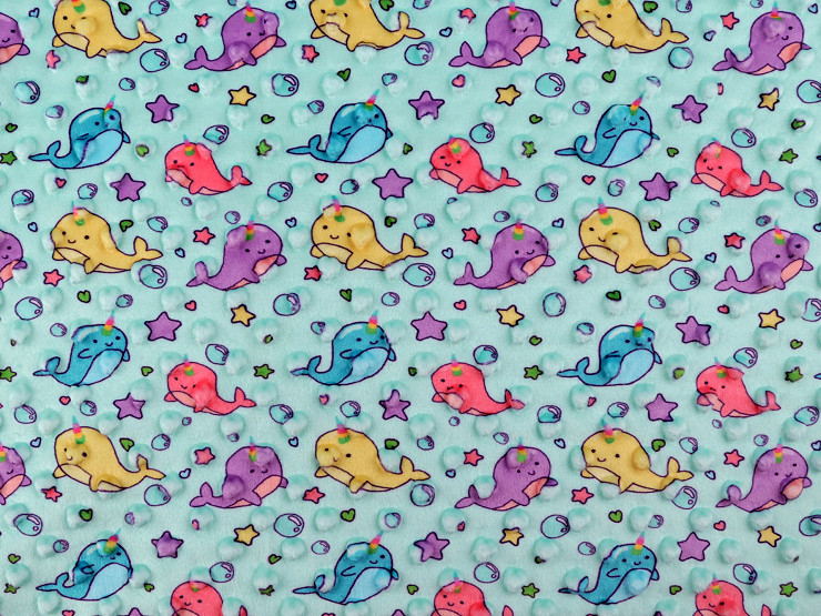 Minky Plush Fabric with 3D Polka Dots Dolphin / Unicorn
