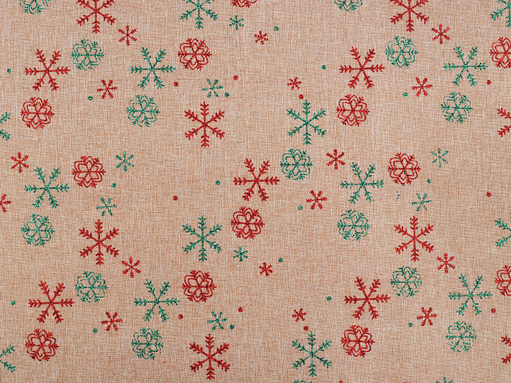 Tissu décoratif imitation jute, Flocons de neige avec paillettes