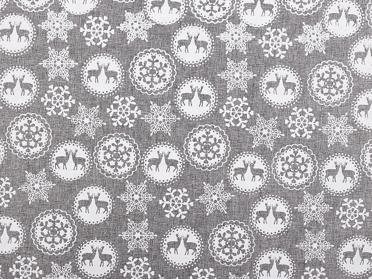 Decorative imitation jute fabric, snowflakes / reindeer