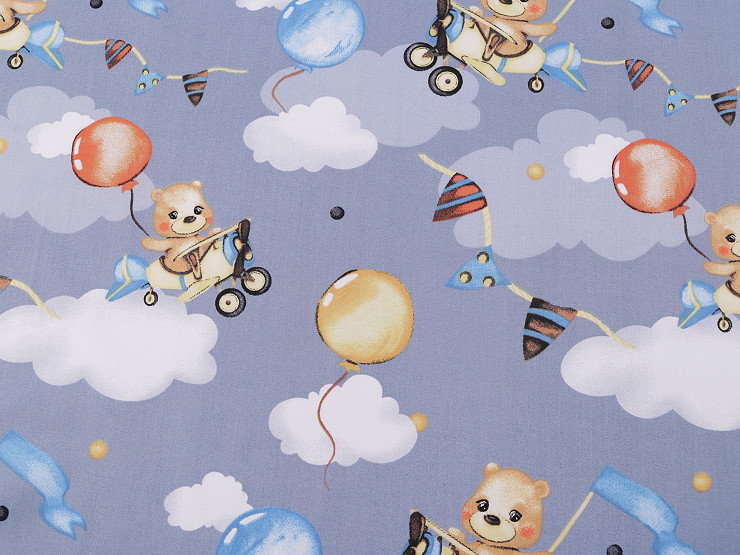 Cotton Fabric / Canvas, Teddy Bear on Airplane