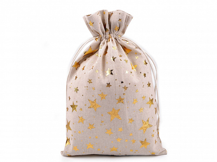 Linen Gift Bag, Metallic Stars 20x30 cm 