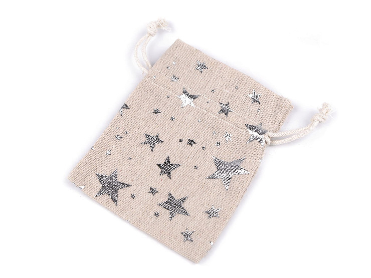 Woreczek podarunkowy lniany 10x13 cm metaliczne gwiazdy 