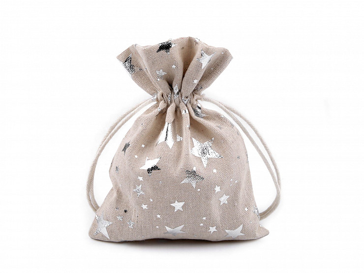 Linen Gift Bag, Metallic Stars 13x18 cm 