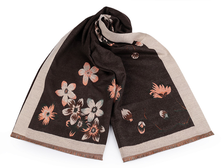 Shawl / Scarf Cashmere type with Fringes, Flowers 65x190 cm