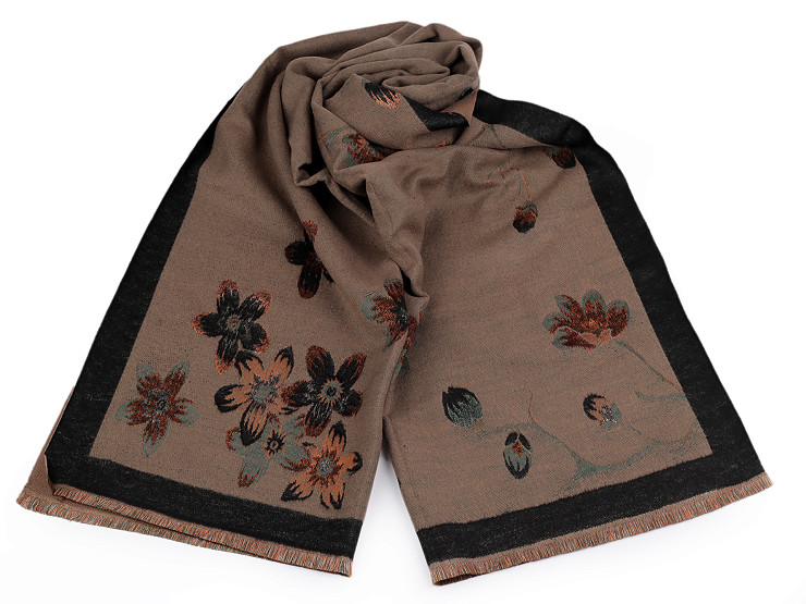 Shawl / Scarf Cashmere type with Fringes, Flowers 65x190 cm