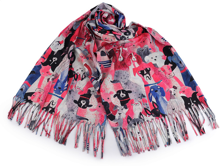 Cashmere scarf with fringes, dogs 70x180 cm