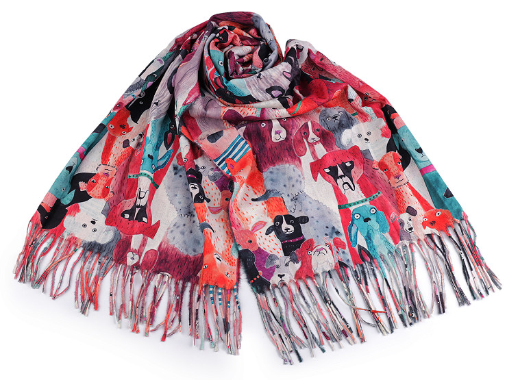 Cashmere scarf with fringes, dogs 70x180 cm