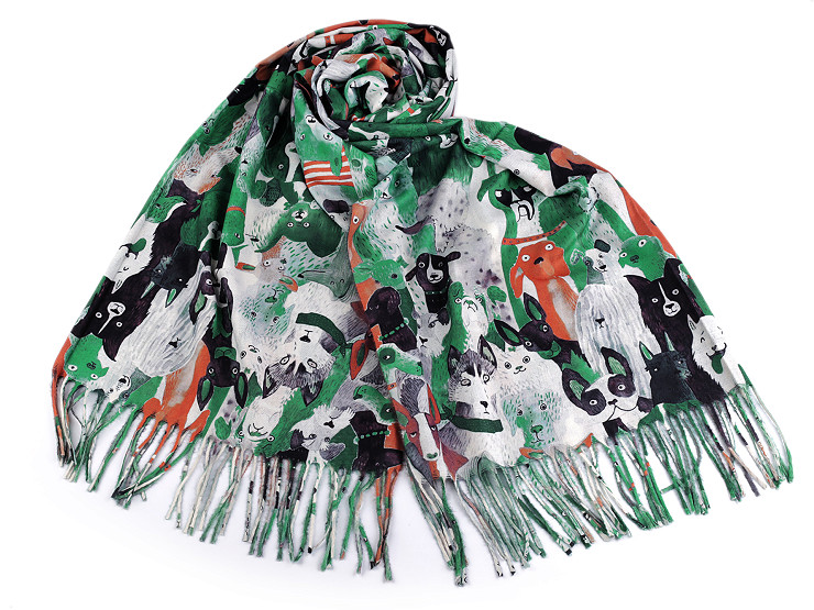 Cashmere scarf with fringes, dogs 70x180 cm