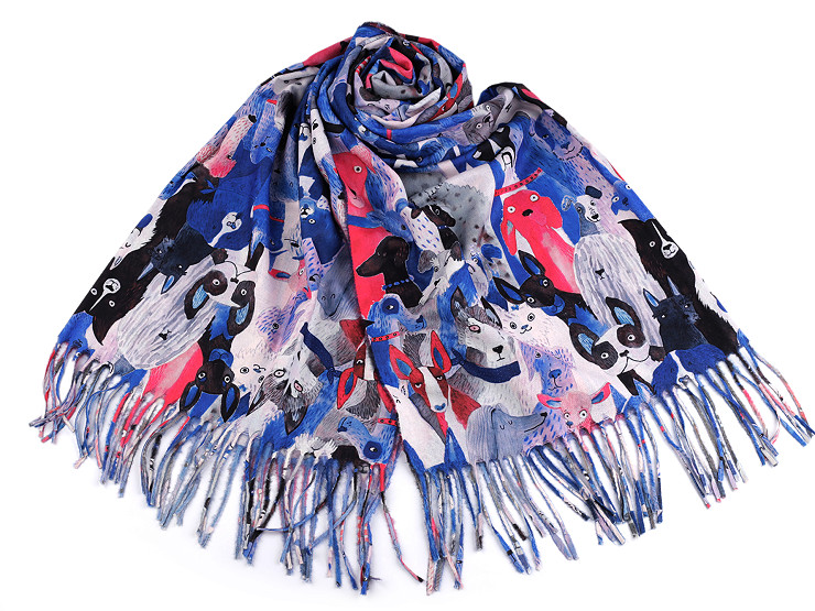 Cashmere scarf with fringes, dogs 70x180 cm