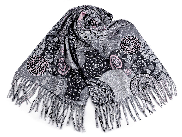 Scarf / shawl with fringes, spirals 70x180 cm