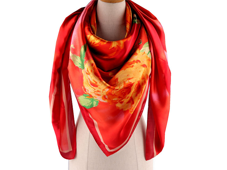 Large satin scarf with flowers 130x135 cm