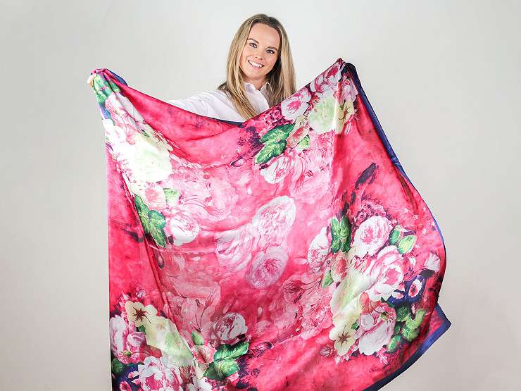 Large satin scarf with flowers 130x135 cm