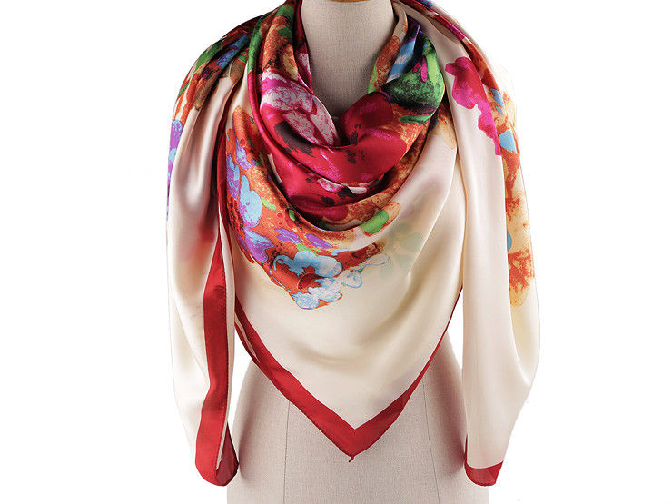 Large satin scarf with flowers 130x135 cm