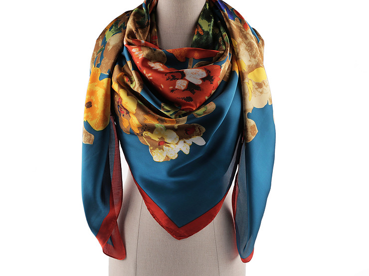 Large satin scarf with flowers 130x135 cm