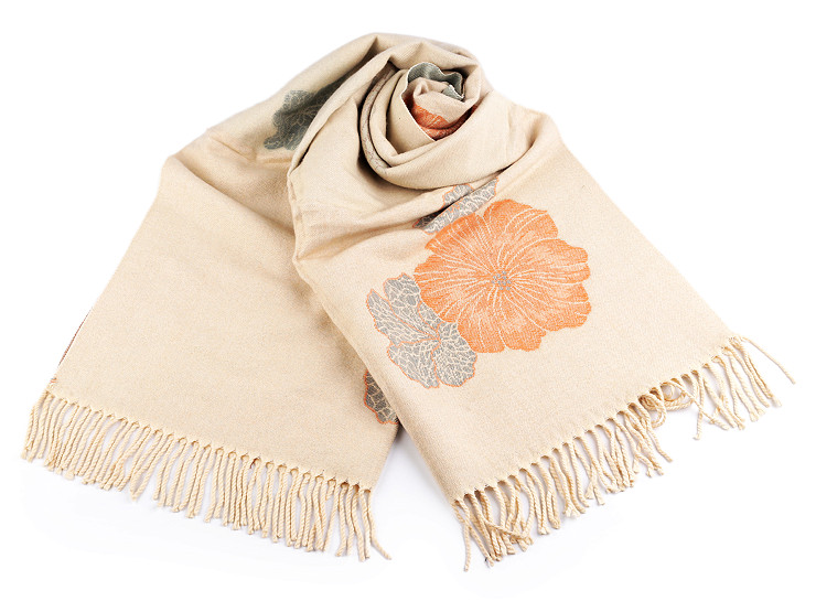 Cashmere type scarf with fringes, flowers 70x190 cm