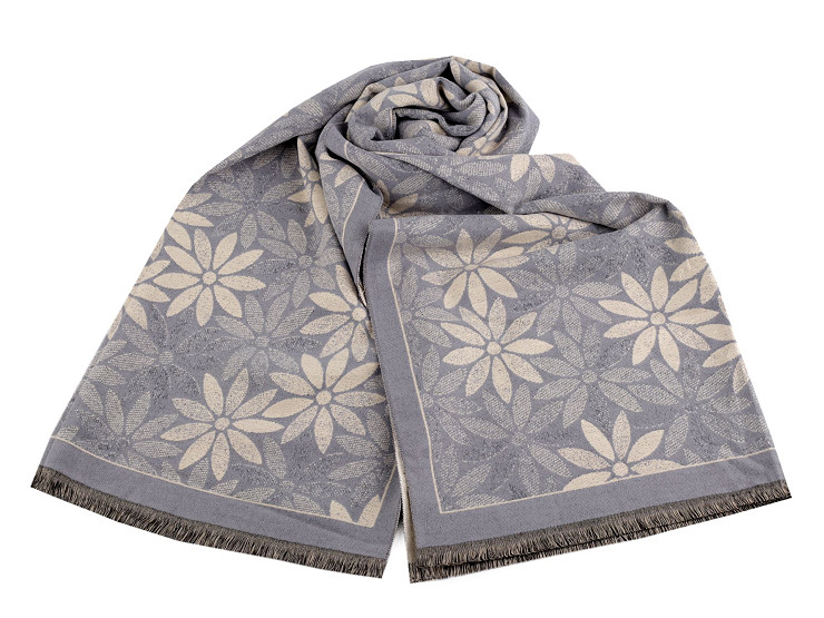 Cashmere type scarf with fringes, flowers 60x180 cm