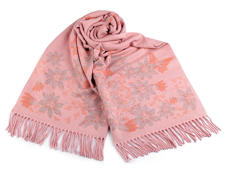 Cashmere type scarf with fringes, flowers 68x180 cm