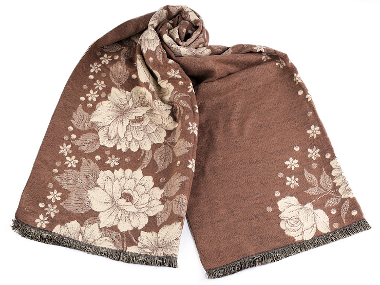 Cashmere type scarf with fringes, flowers 68x180 cm