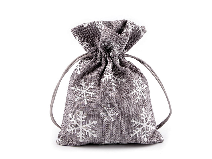 Weihnachtsgeschenkbeutel Schneeflocken mit Glitzer, 13 x 18 cm, Jute-Imitat