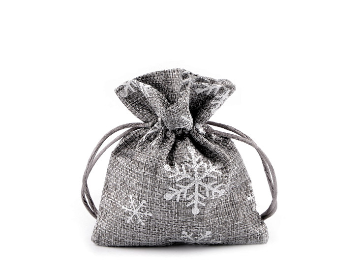 Weihnachtsgeschenkbeutel Schneeflocken mit Glitzer, 10 x 13 cm, Jute-Imitat
