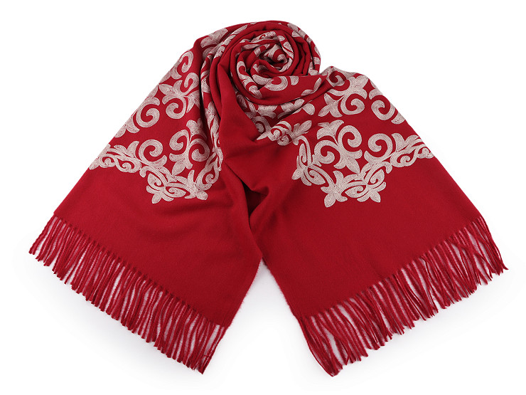 Shawl / wool scarf with fringes, embroidery 70x185 cm