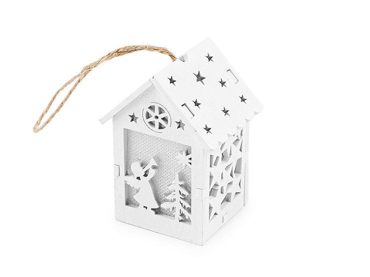 Dřevěný domeček svítící k zavěšení