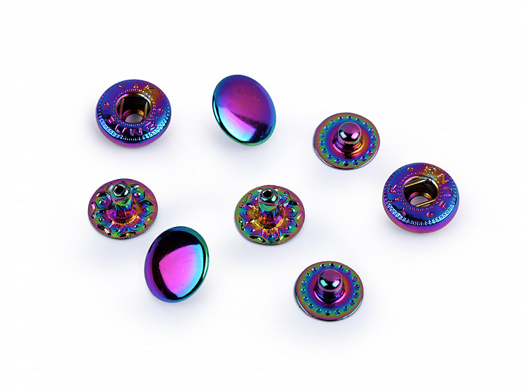 Bottoni a pressione, in metallo, dimensioni: Ø 10 mm, iridescenti