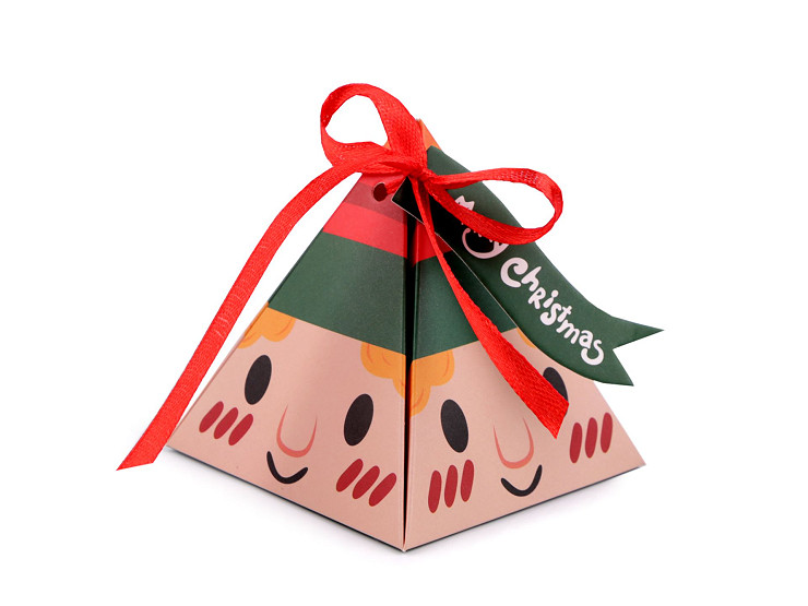 Caja de regalo de Navidad en forma de pirámide: reno, Santa Claus, muñeco de nieve, elfo