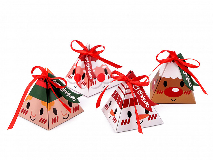 Vánoční dárková krabička pyramida - sob, Mikuláš, sněhulák, skřítek