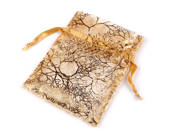 Sacchetto regalo in organza, motivo: ramoscelli dorati/albero, dimensioni: 10 x 13 cm 