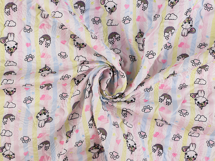 Reinforced crumpled polyester fabric, creased 3D effect, unicorn